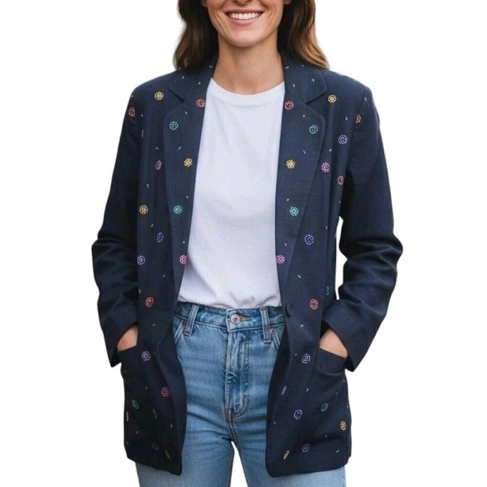 Adam Douglass Adriana Papell Blazer Size S Black Embellished Long Linen 90s Y2K - Picture 2 of 11